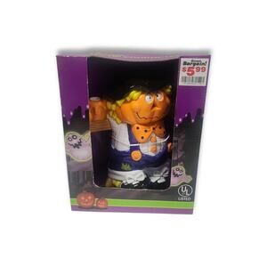 New VTG Plastic Blow Mold Halloween Pumpkin Head Scarecrow Flickering Light 10"